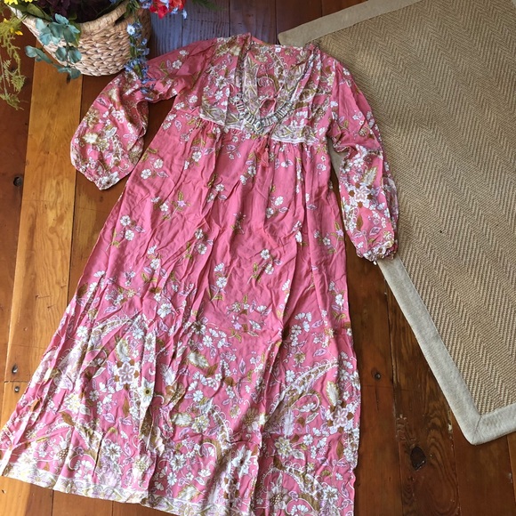 Boho Gypsy Hendrix Floral Pink Peasant Dress Gown hippie free spirit bohemian L - Picture 13 of 14